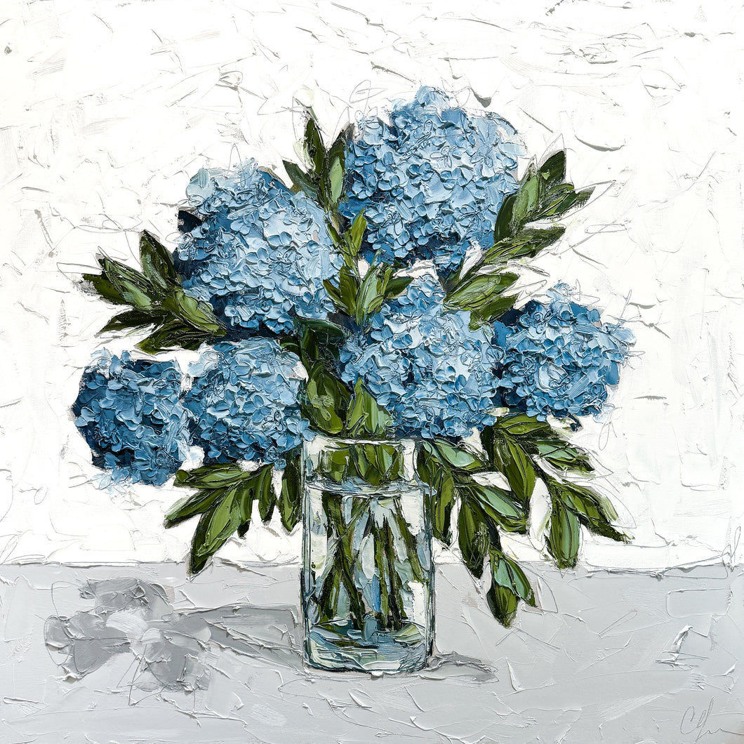 “Hydrangeas in Blue Glass” 36x36 Oil on Canvas