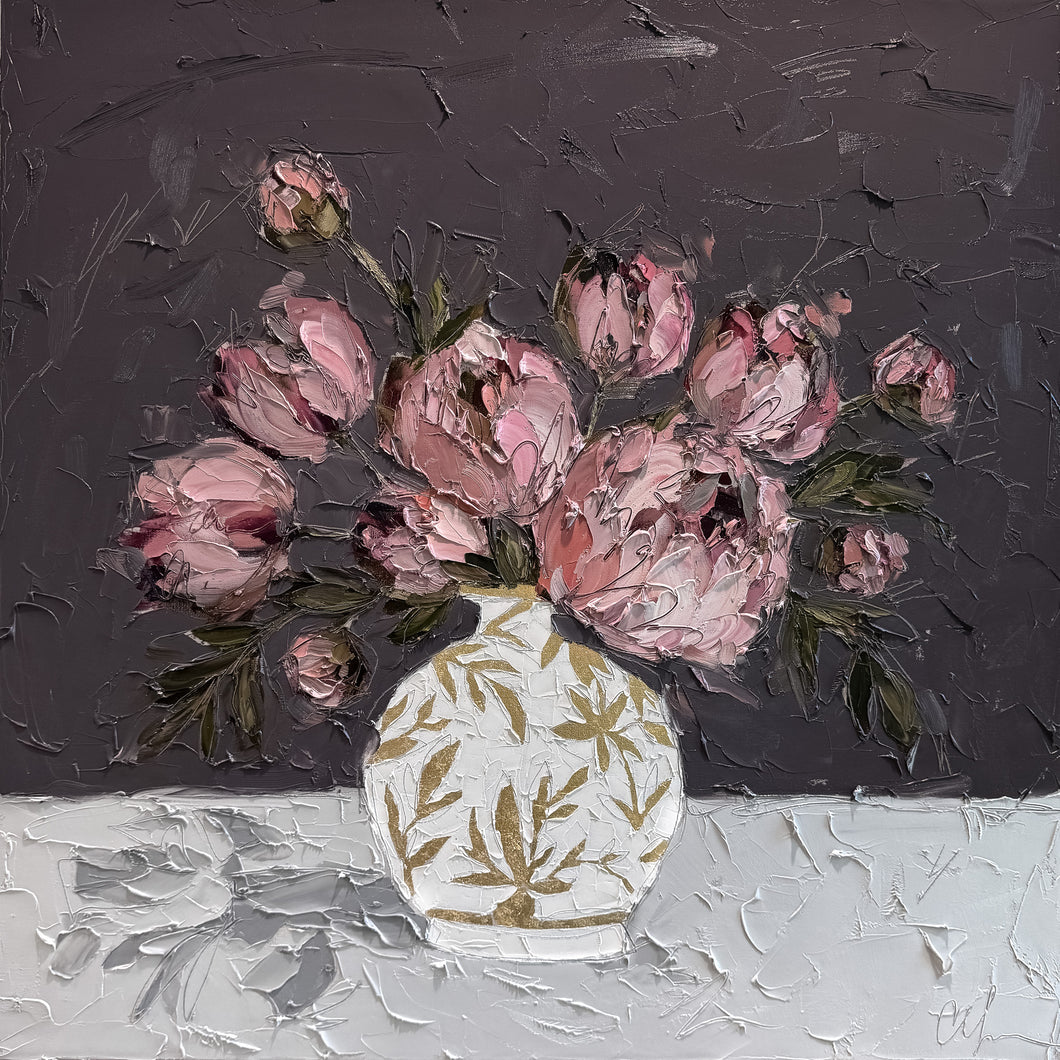 “Peonies in Gold Chinoiserie” 36x36” | Oil on Canvas