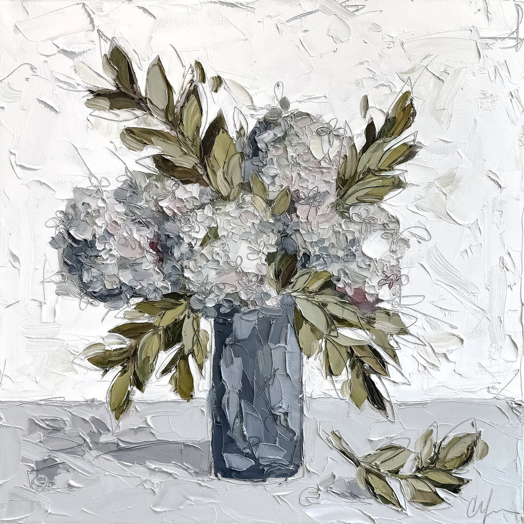 “White Hydrangeas in Charcoal Vase” 24x24” | Oil on Canvas