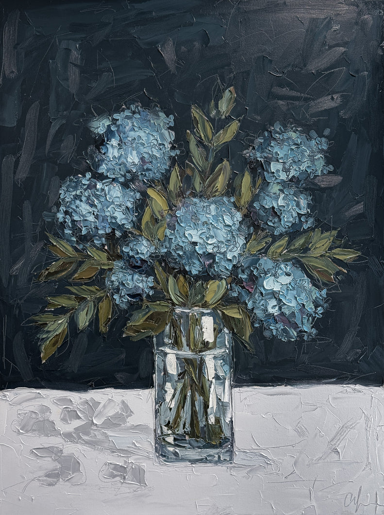 “Blue Hydrangeas in Blue Glass” 48x36” | Oil on Canvas