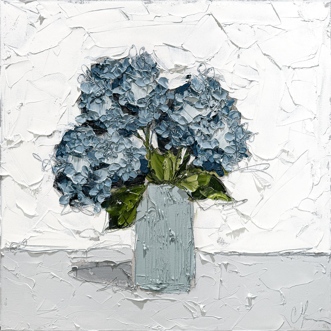 “Hydrangeas in Teal I” 24x24 Oil on Canvas